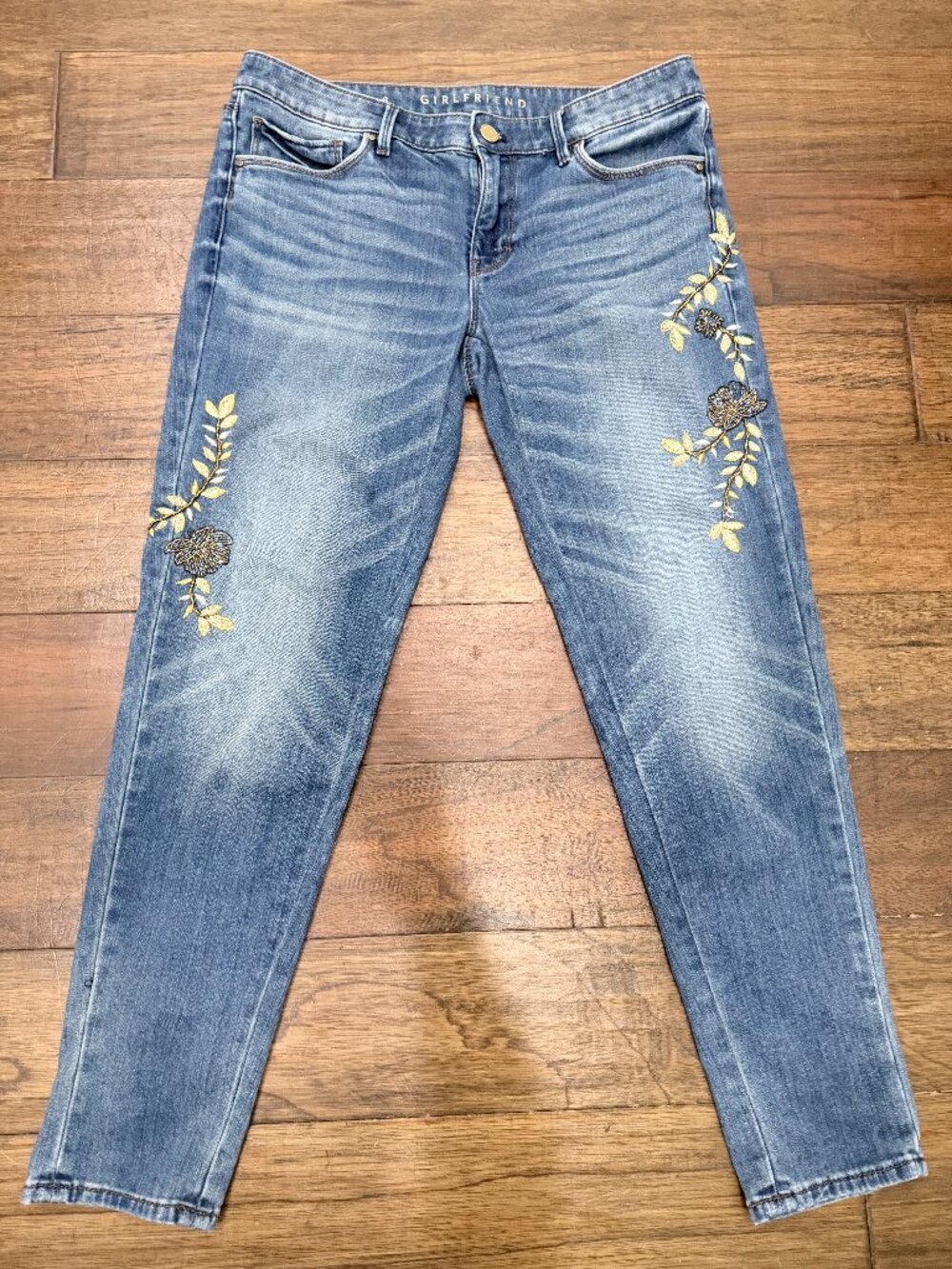 WHBM Girlfriend Jeans 6 Gold Floral Embroidered Beaded Denim